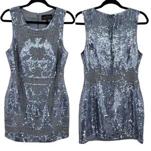 Revolve Needle & Thread Dress Dust Lace Mini Sequined Formal Sheath Dust Blue 10